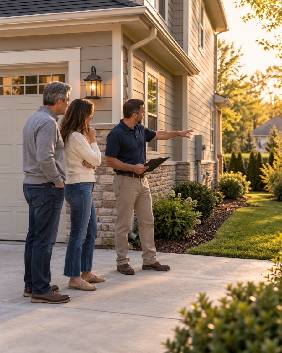 A generator dealer talking with a homeowner on their driveway