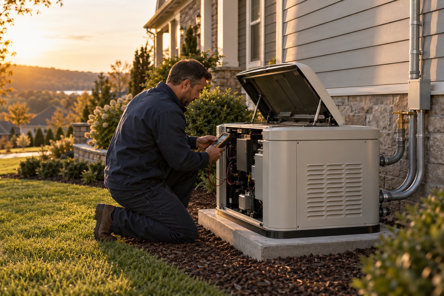 A technician checking a newly installed home standby generator beside an American house