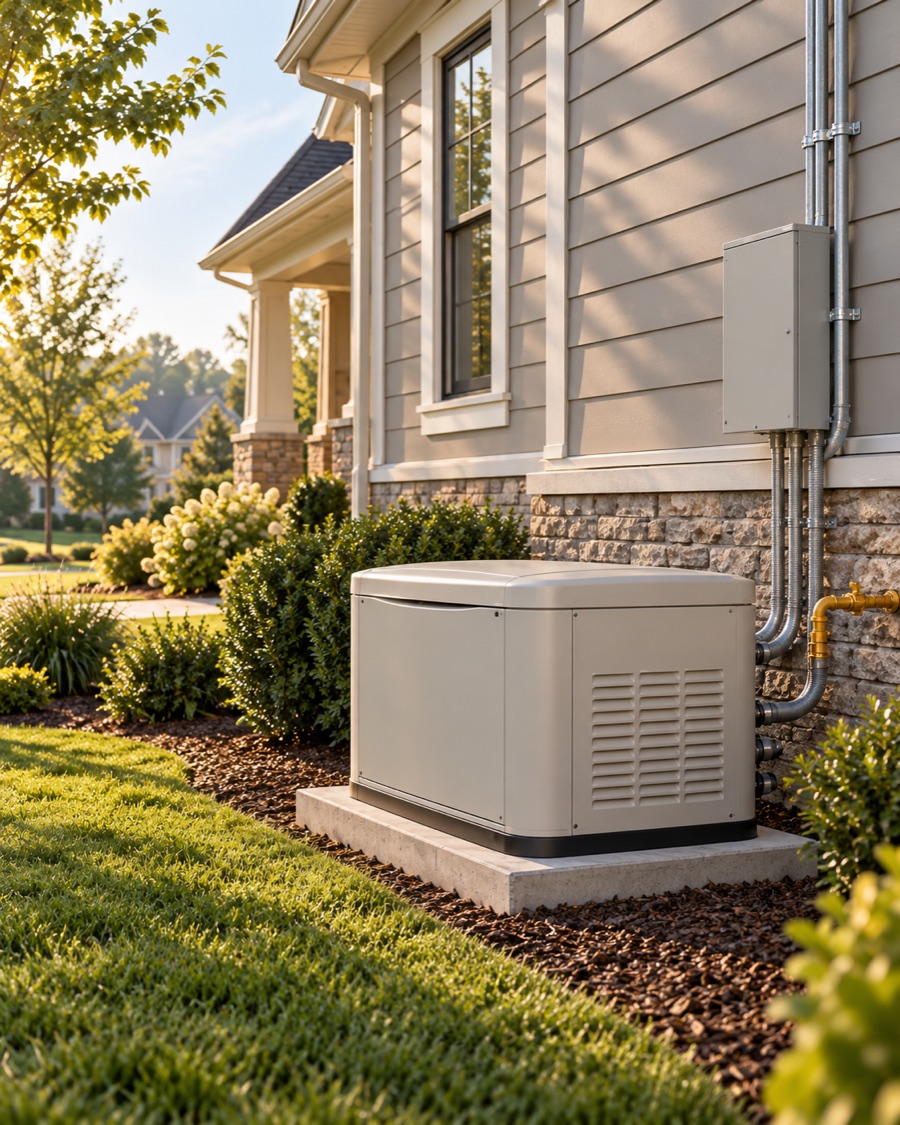 A finished standby generator installation on a concrete pad beside a home