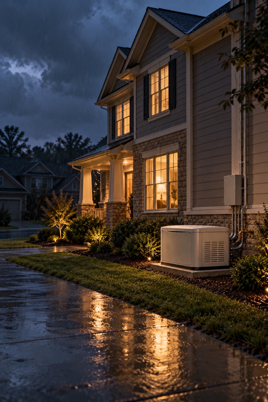 An American home with its lights on during a storm while the street is dark