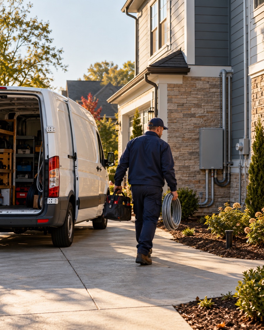 A service van parked outside a home ahead of a generator installation